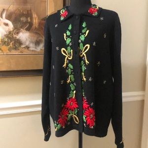 Victoria Jones, XL Black Cardigan Button Up Christmas Sweater Collar VGC